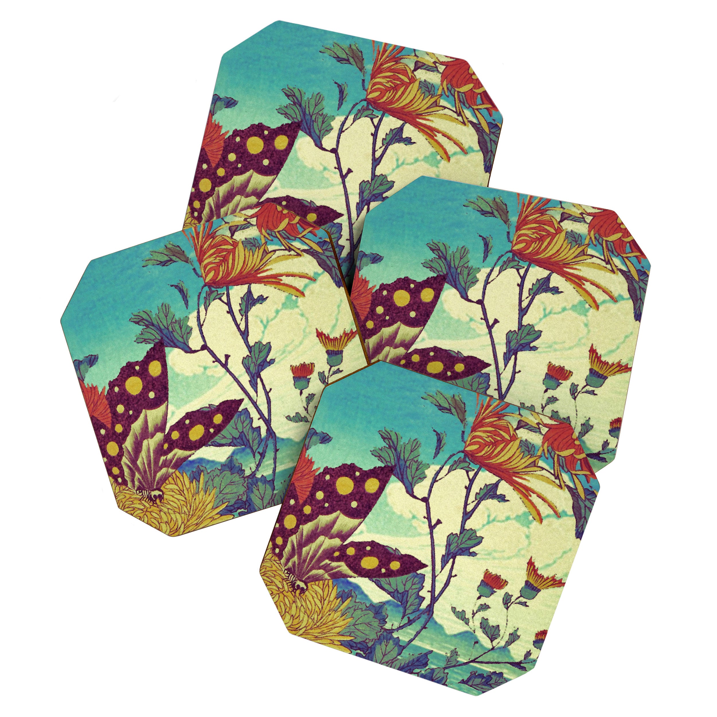 Ocean Behind Flowers at Zijhin  - Nature Ukiyo Landscape in Nature Ukiyo Landscape in Blue, Yellow, Gold, Green, Red and Orange Coaster Gallery Image 1