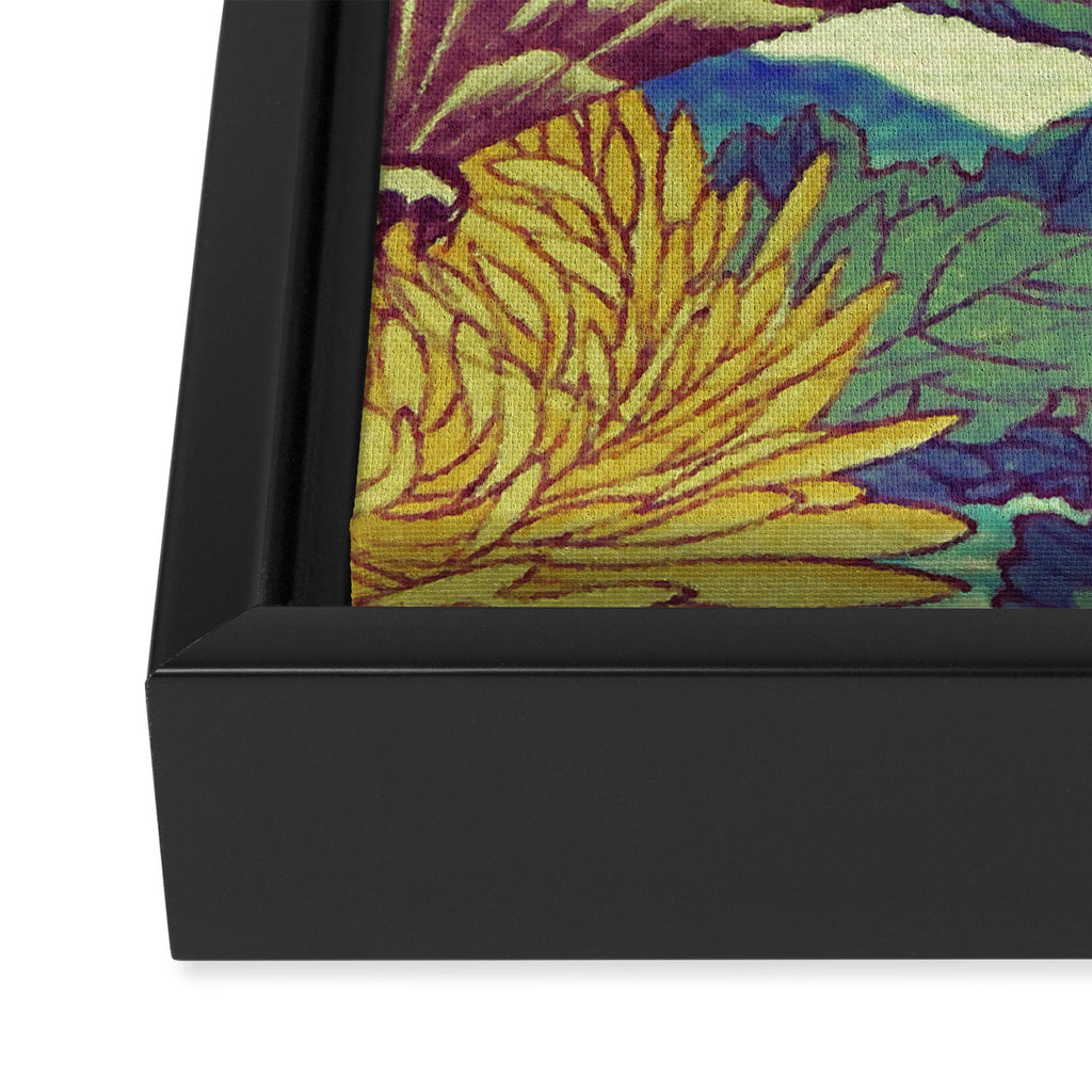 Ocean Behind Flowers at Zijhin  - Nature Ukiyo Landscape in Nature Ukiyo Landscape in Blue, Yellow, Gold, Green, Red and Orange Framed Canvas Print Gallery Image 3