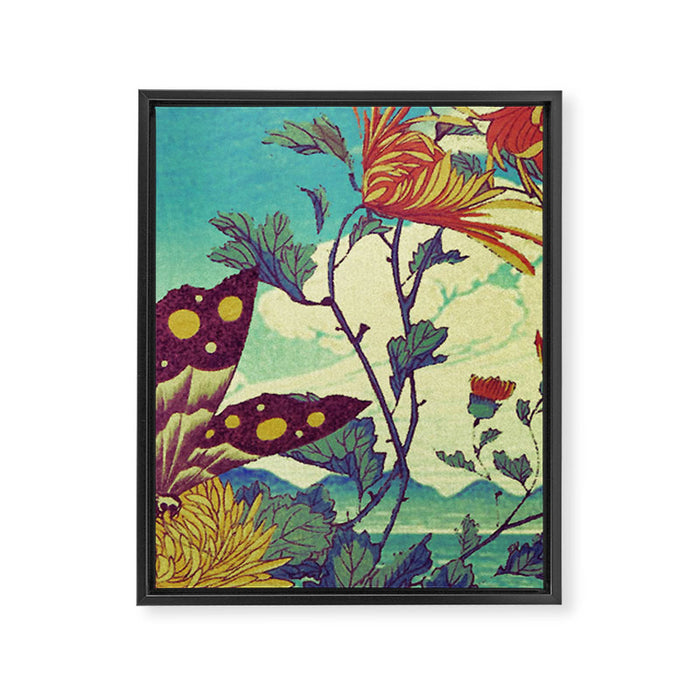 Ocean Behind Flowers at Zijhin  - Nature Ukiyo Landscape in Nature Ukiyo Landscape in Blue, Yellow, Gold, Green, Red and Orange Framed Canvas Print Gallery Image 1