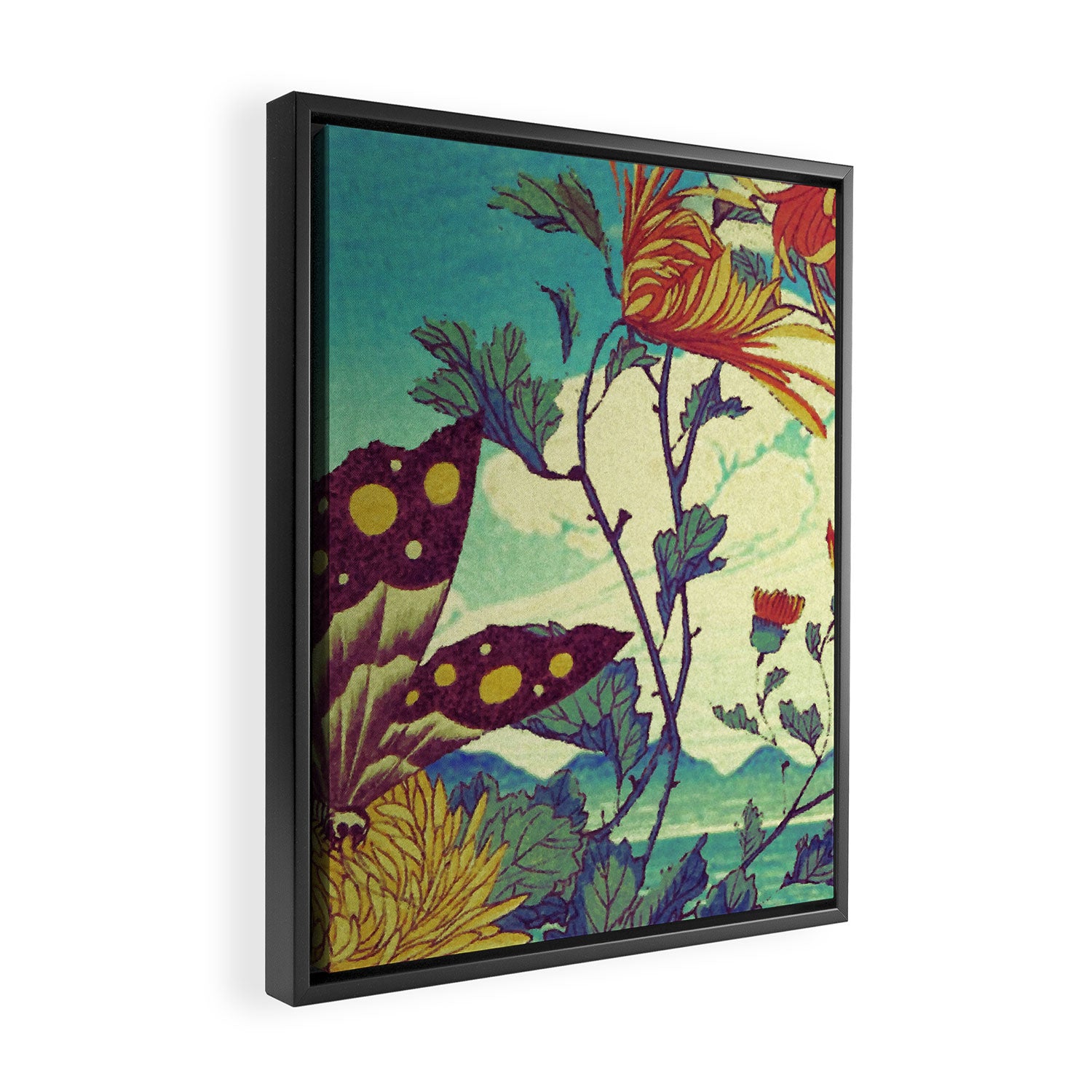 Ocean Behind Flowers at Zijhin  - Nature Ukiyo Landscape in Nature Ukiyo Landscape in Blue, Yellow, Gold, Green, Red and Orange Framed Canvas Print Gallery Image 2