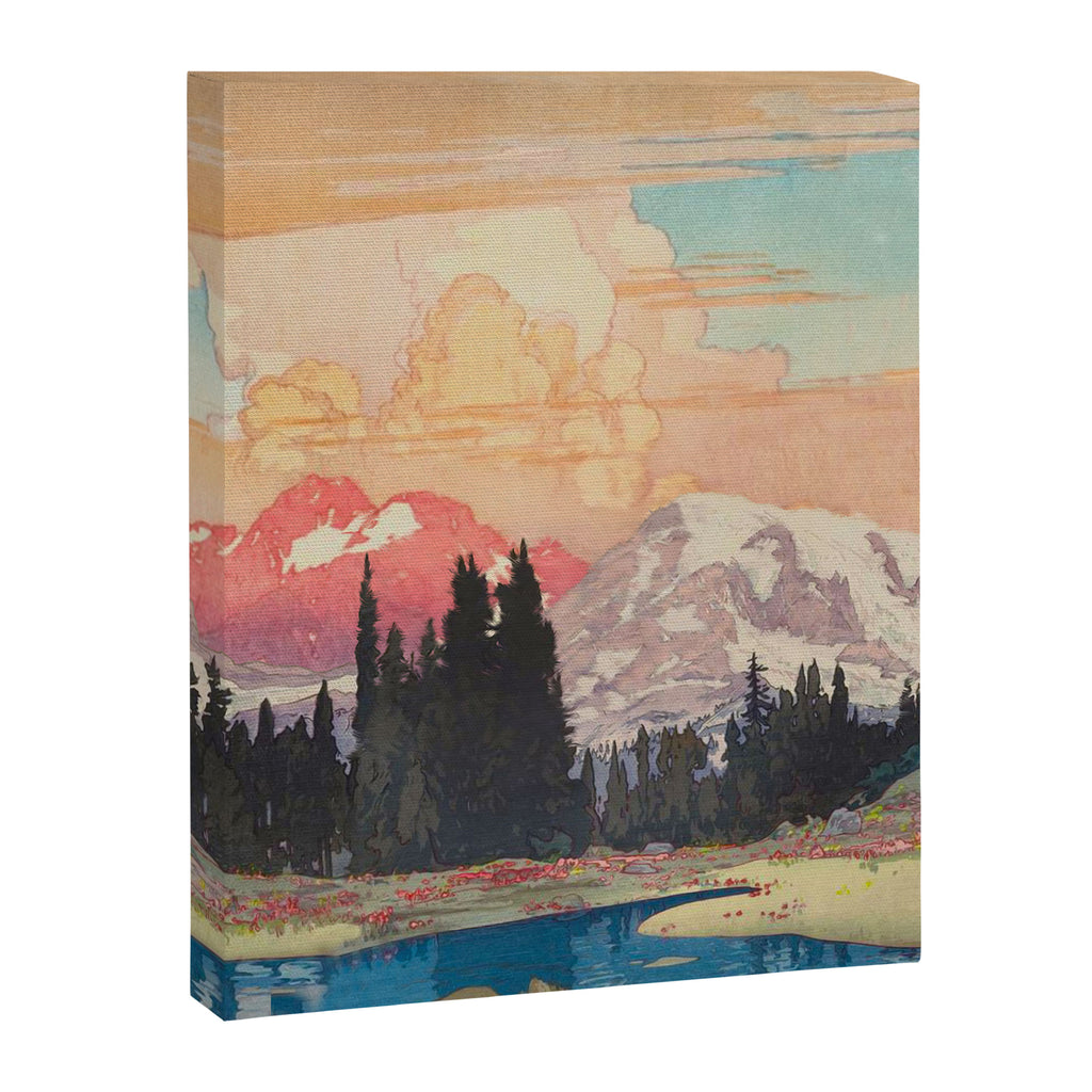 Storms over Keiisino - Winter Mountain & Forest Ukiyoe Nature Landscape in Pink, Blue, and Green Canvas Print Gallery Image 6