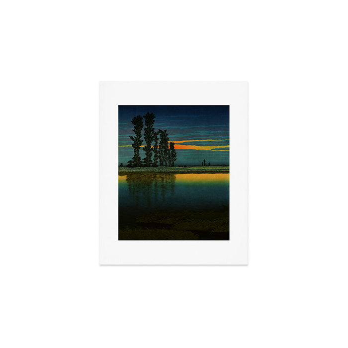 Sundown at Fuhin - Nightime Sunset and Trees by the Lake - Nature Ukiyo Landscape in Blue, Green & Orange Art Print Gallery Image 1