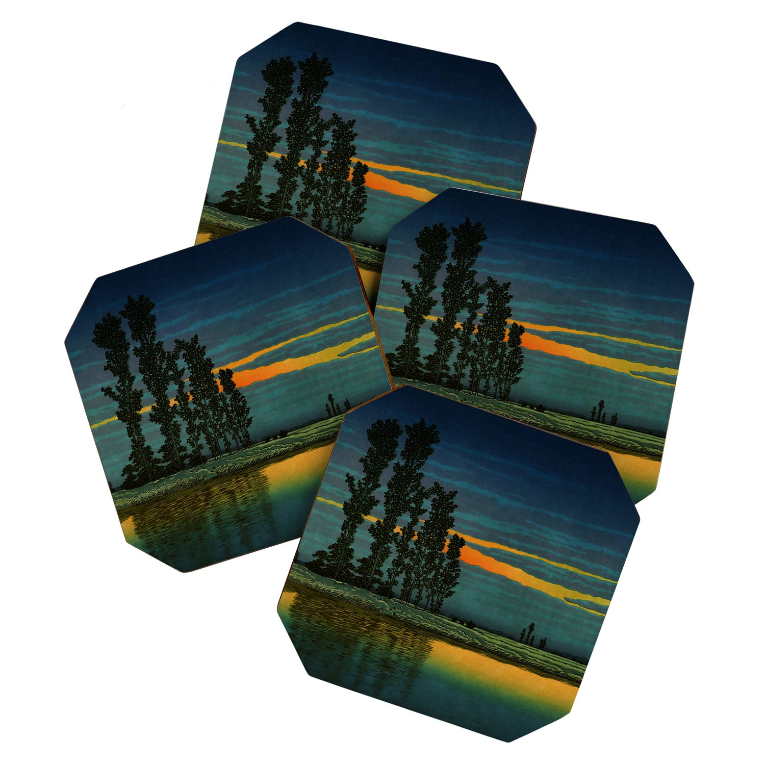 Sundown at Fuhin - Nightime Sunset and Trees by the Lake - Nature Ukiyo Landscape in Blue, Green & Orange Coaster Gallery Image 1