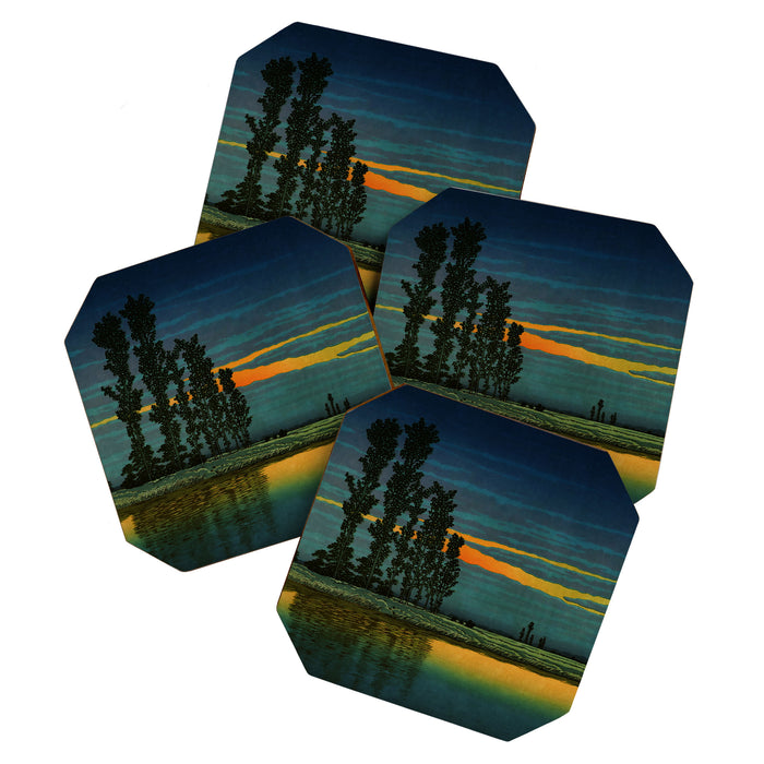 Sundown at Fuhin - Nightime Sunset and Trees by the Lake - Nature Ukiyo Landscape in Blue, Green & Orange Coaster Gallery Image 1