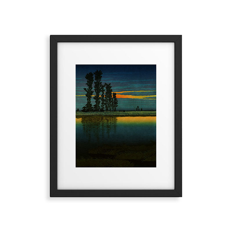 Sundown at Fuhin - Nightime Sunset and Trees by the Lake - Nature Ukiyo Landscape in Blue, Green & Orange Framed Art Print Gallery Image 6