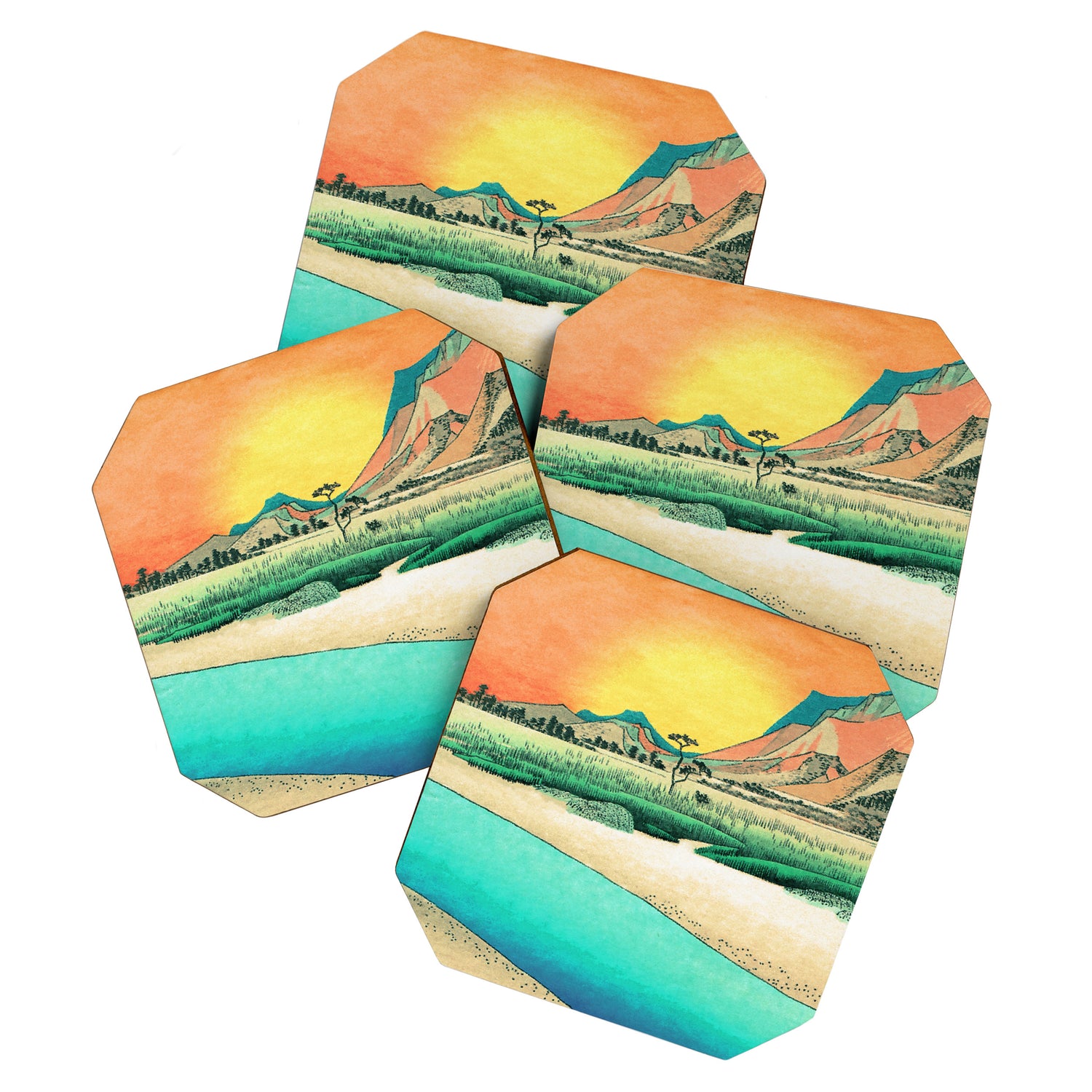 Sunrise at Shinzenn - Nature Ukiyo Landscape in Green, Blue and Orange Coaster Gallery Image 1