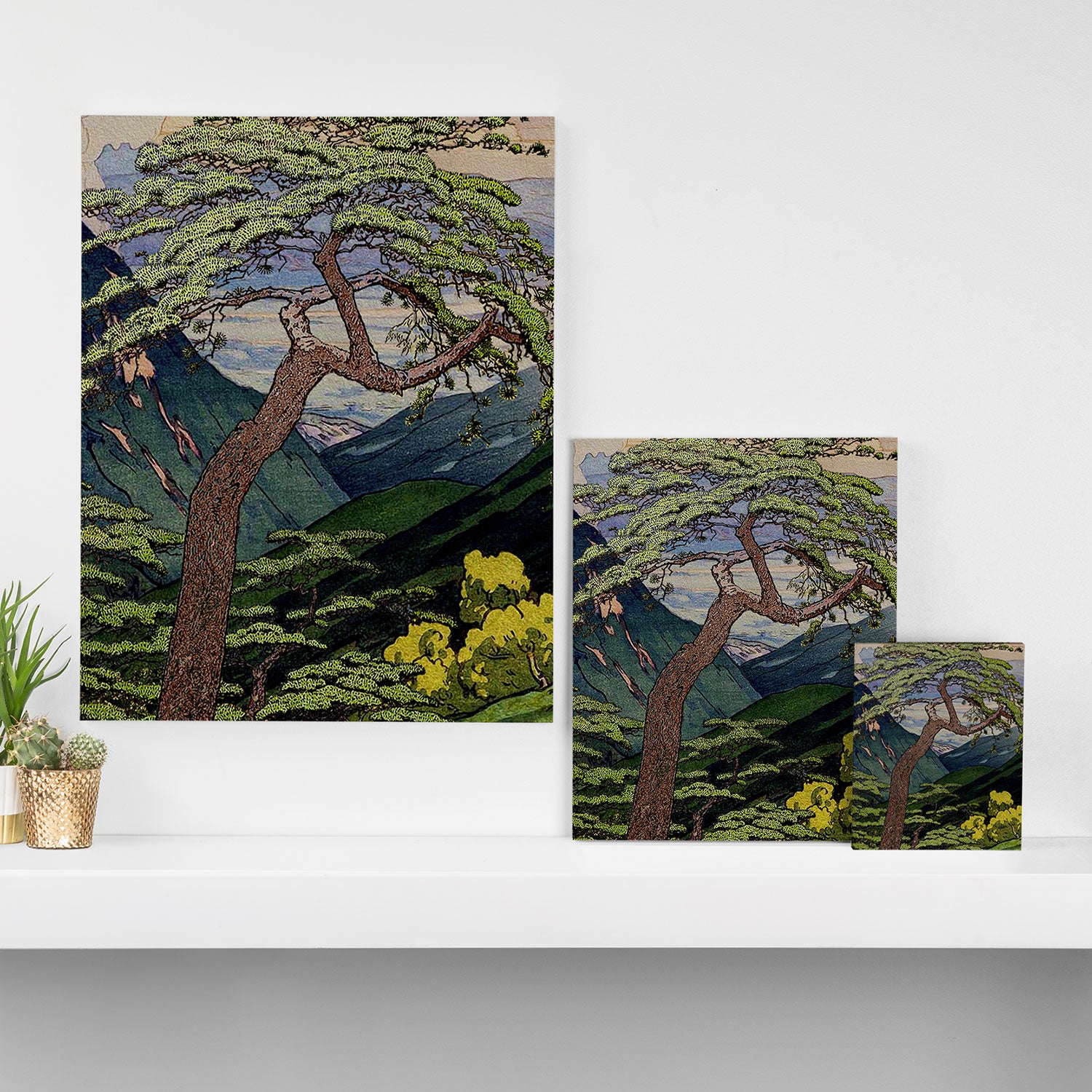 The Downwards Climbing - Summer Tree & Mountain Ukiyoe Nature Landscape in Green Canvas Print Gallery Image 3