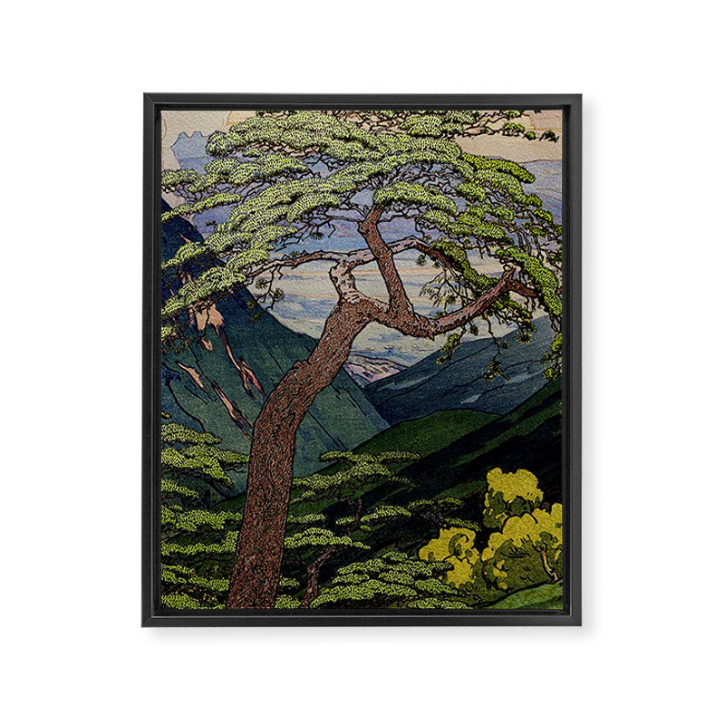 The Downwards Climbing - Summer Tree & Mountain Ukiyoe Nature Landscape in Green Framed Canvas Print Gallery Image 3