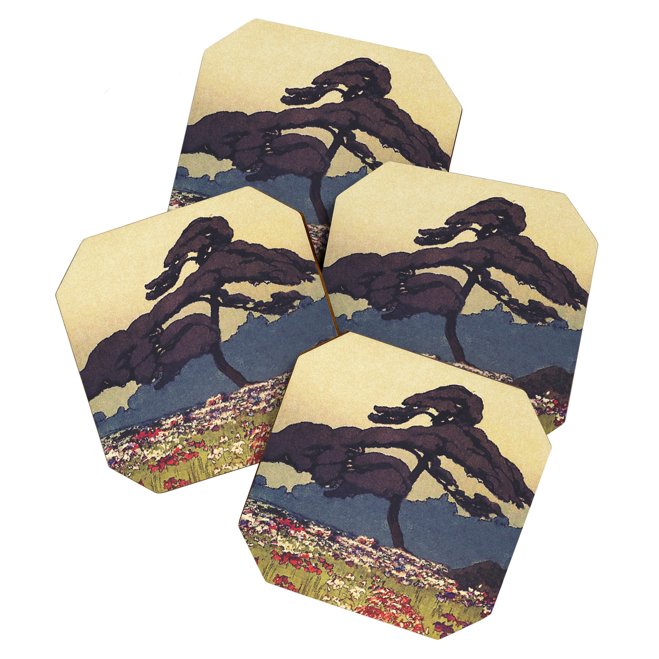 The Flower Empire of Waan - Tree and Flowers on Field - Nature Ukiyo Landscape in Blue, Red, Green & Orange Coaster Gallery Image 1