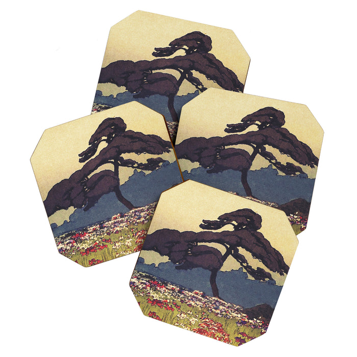 The Flower Empire of Waan - Tree and Flowers on Field - Nature Ukiyo Landscape in Blue, Red, Green & Orange Coaster Gallery Image 1