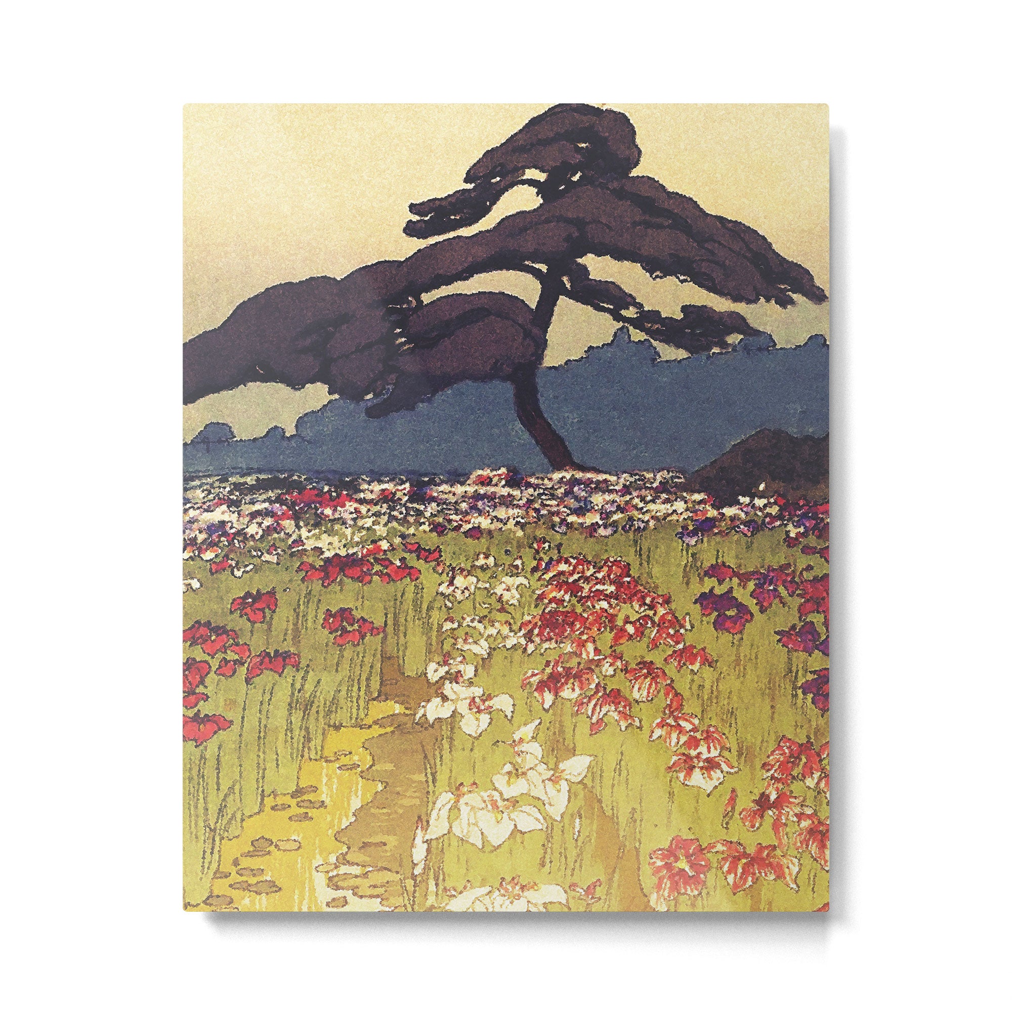 The Flower Empire of Waan - Tree and Flowers on Field - Nature Ukiyo Landscape in Blue, Red, Green & Orange Metal Print Gallery Image 6