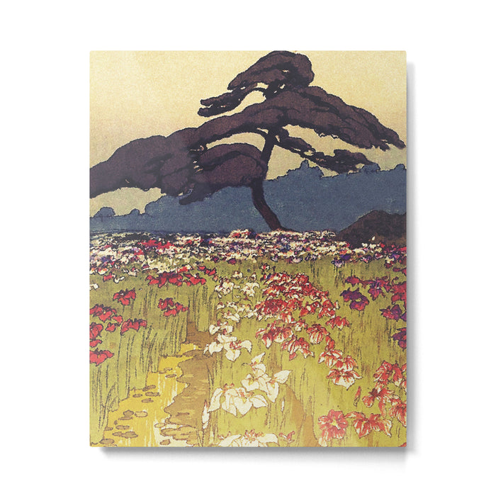 The Flower Empire of Waan - Tree and Flowers on Field - Nature Ukiyo Landscape in Blue, Red, Green & Orange Metal Print Gallery Image 1
