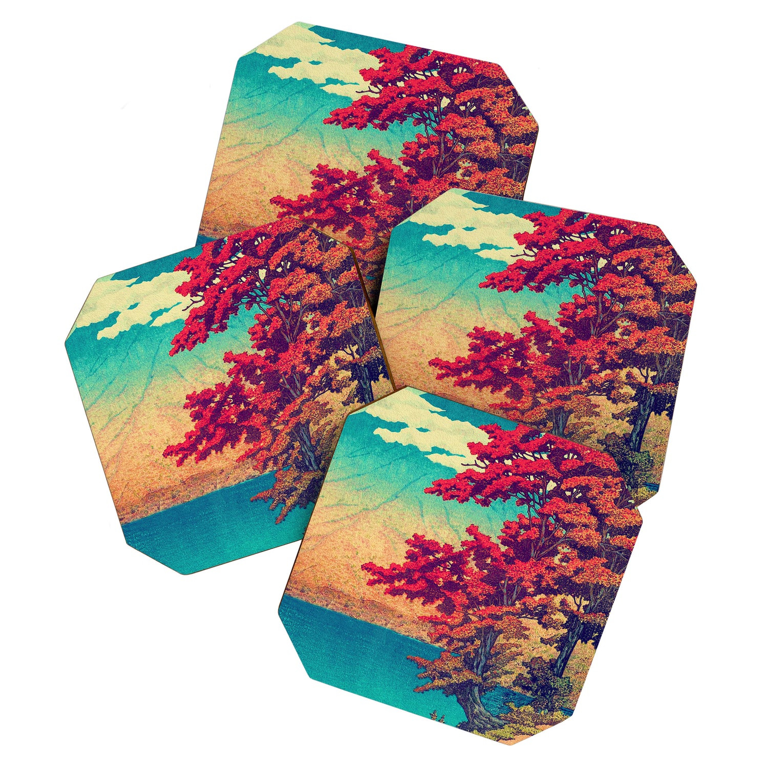 The New Year in Hisseii - Autumn Tree & Mountain by the Ocean Ukiyoe Nature Landscape in Red & Blue Coaster Gallery Image 1