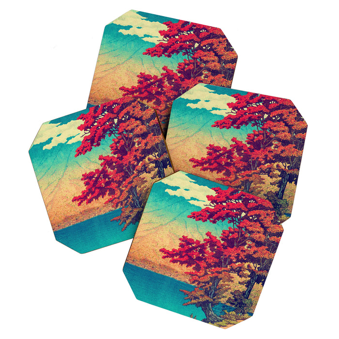 The New Year in Hisseii - Autumn Tree & Mountain by the Ocean Ukiyoe Nature Landscape in Red & Blue Coaster Gallery Image 1