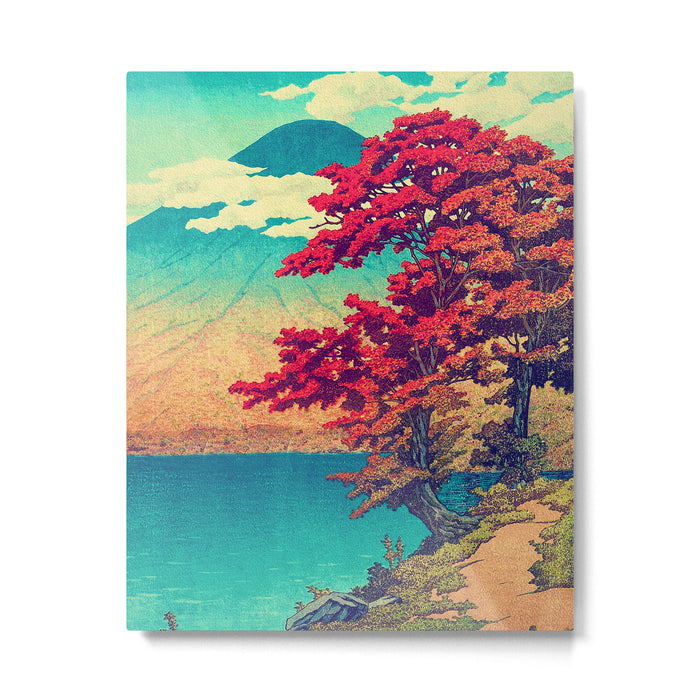 The New Year in Hisseii - Autumn Tree & Mountain by the Ocean Ukiyoe Nature Landscape in Red & Blue Metal Print Gallery Image 1