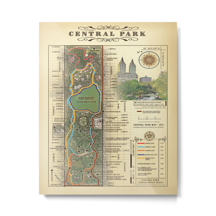 NYC's Central Park [Vintage Inspired] "San Remo" Running route map Metal Print Gallery Image 1