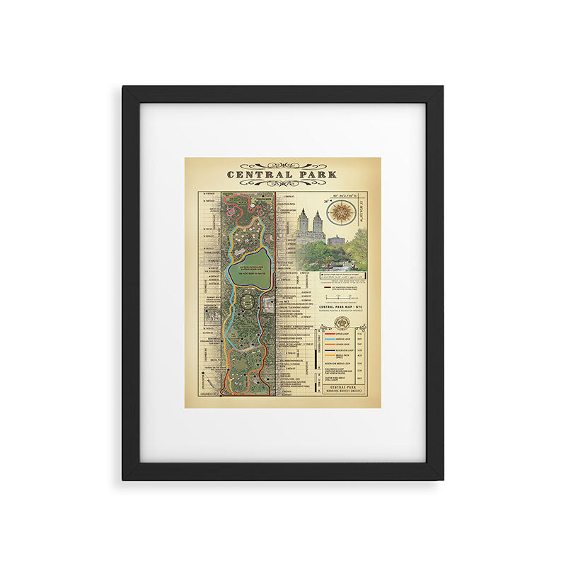 NYC's Central Park [Vintage Inspired] "San Remo" Running route map Framed Art Print Gallery Image 1