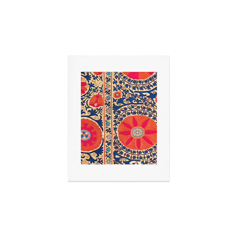 Antique Uzbekistan Kermina Suzani Red Orange Blue kilim Art Print Gallery Image 1