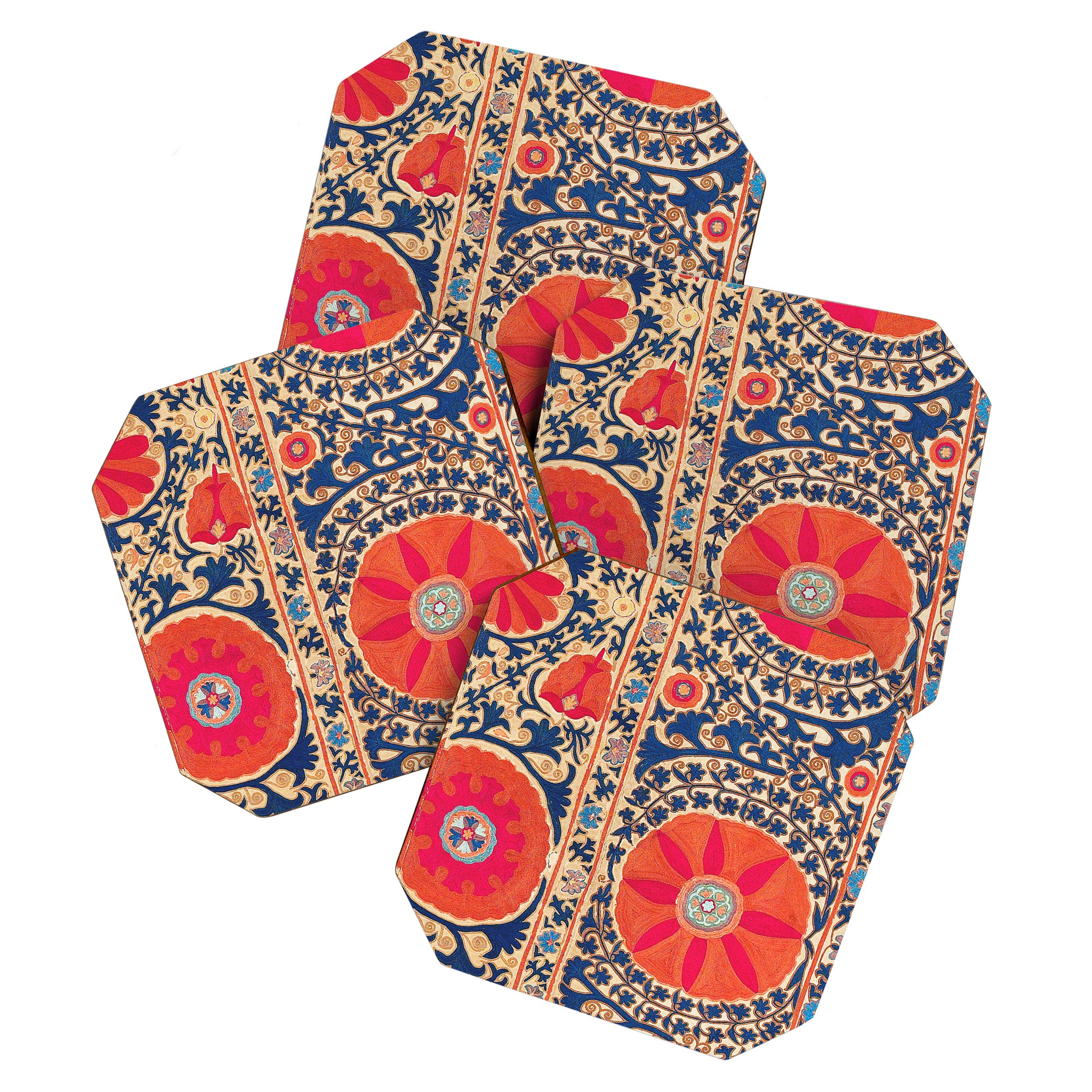 Antique Uzbekistan Kermina Suzani Red Orange Blue kilim Coaster Gallery Image 1