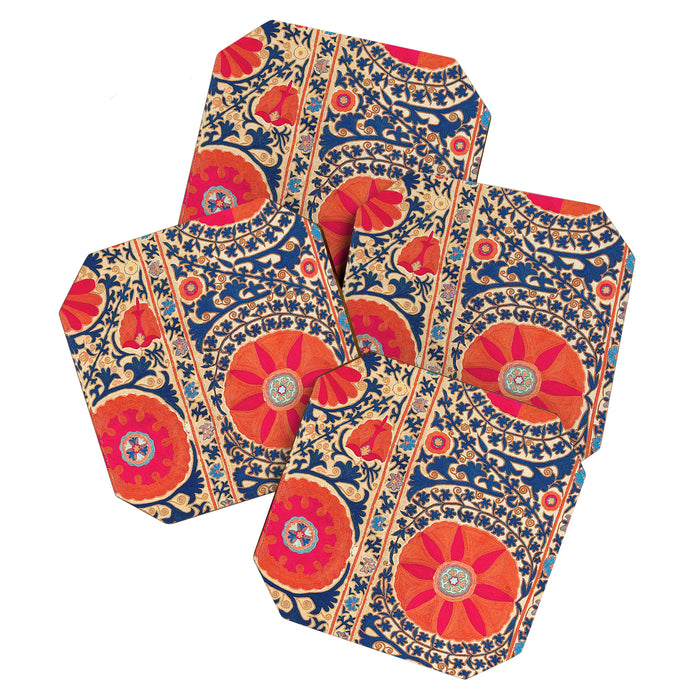 Antique Uzbekistan Kermina Suzani Red Orange Blue kilim Coaster Gallery Image 1