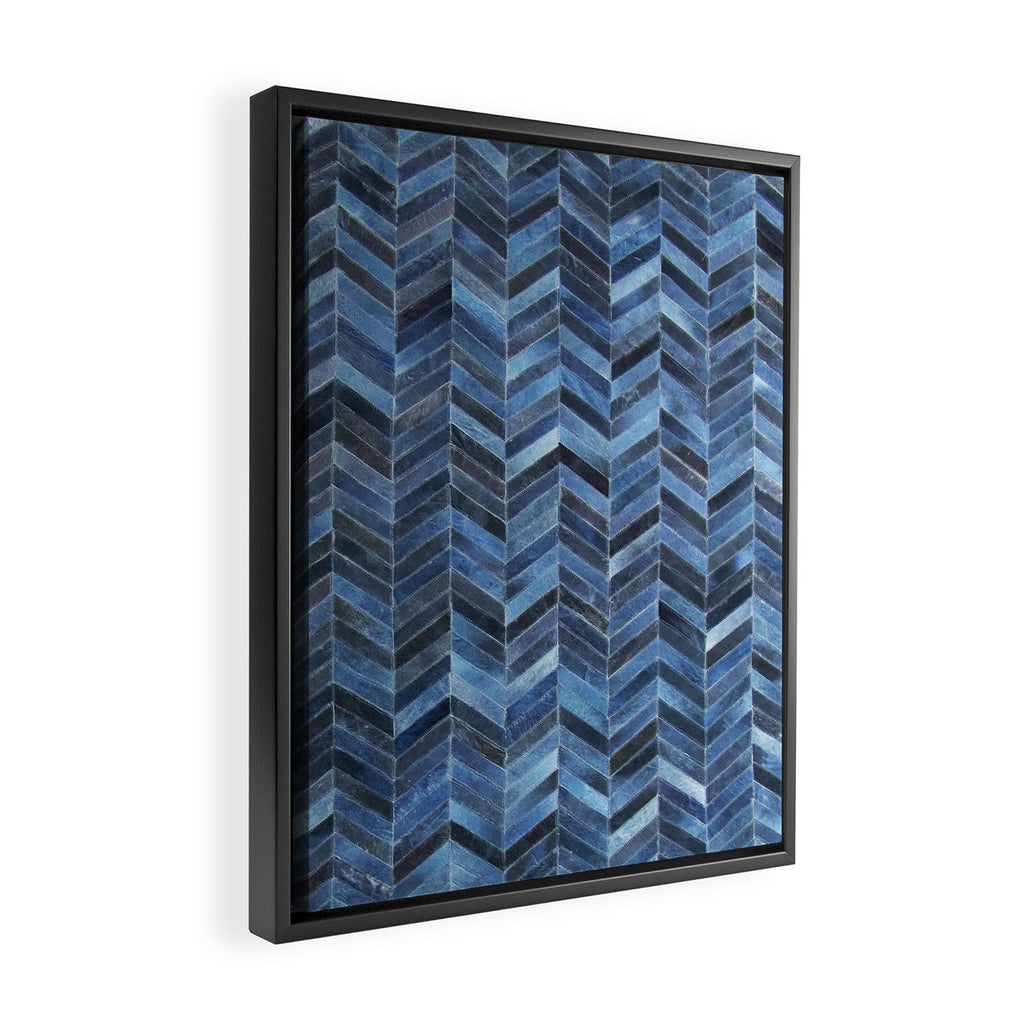 Blue cowhide patchwork geometric chevron Framed Canvas Print Gallery Image 2