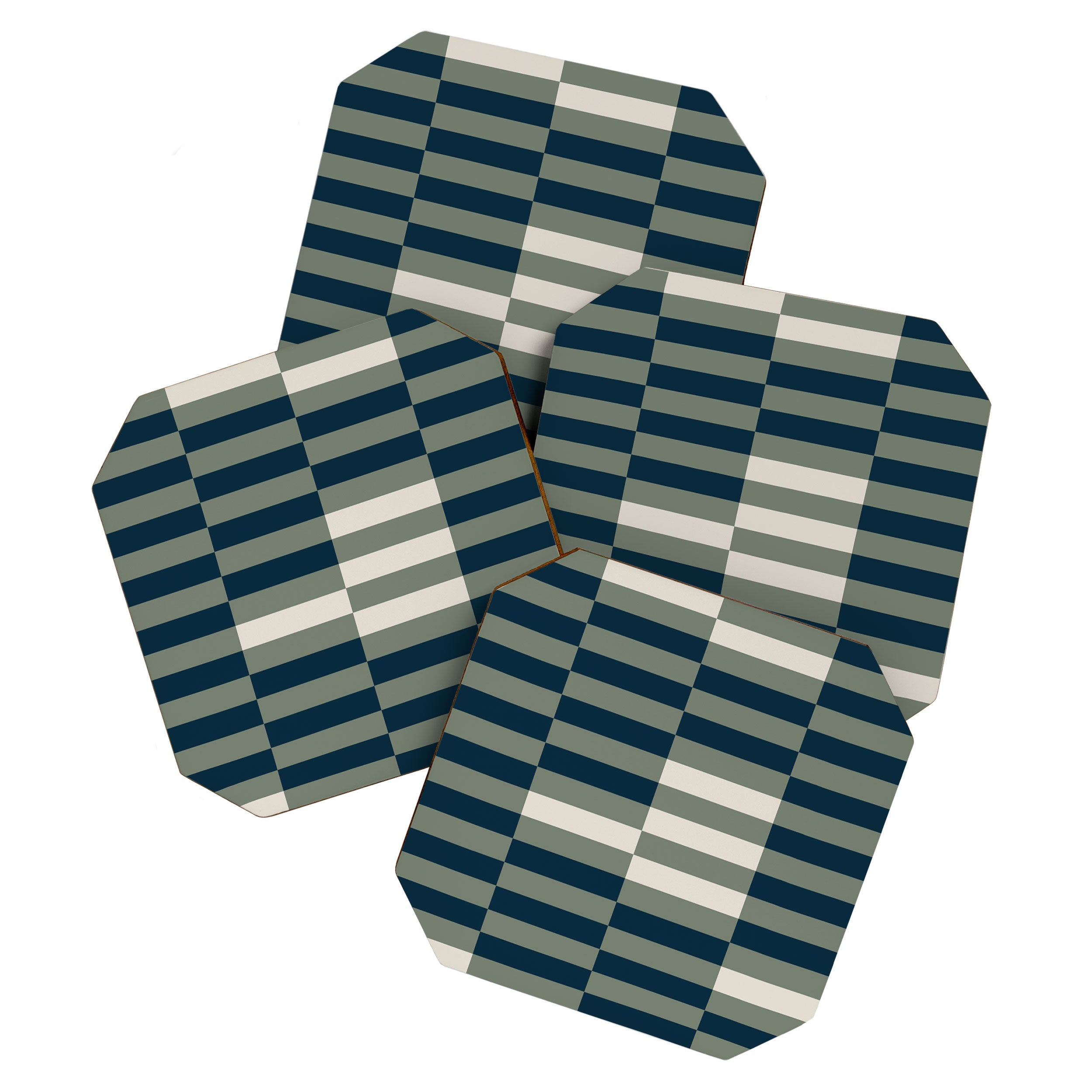 offset stripes Modern Geometric Abstract Shapes Green Black Cream Coaster Gallery Image 1