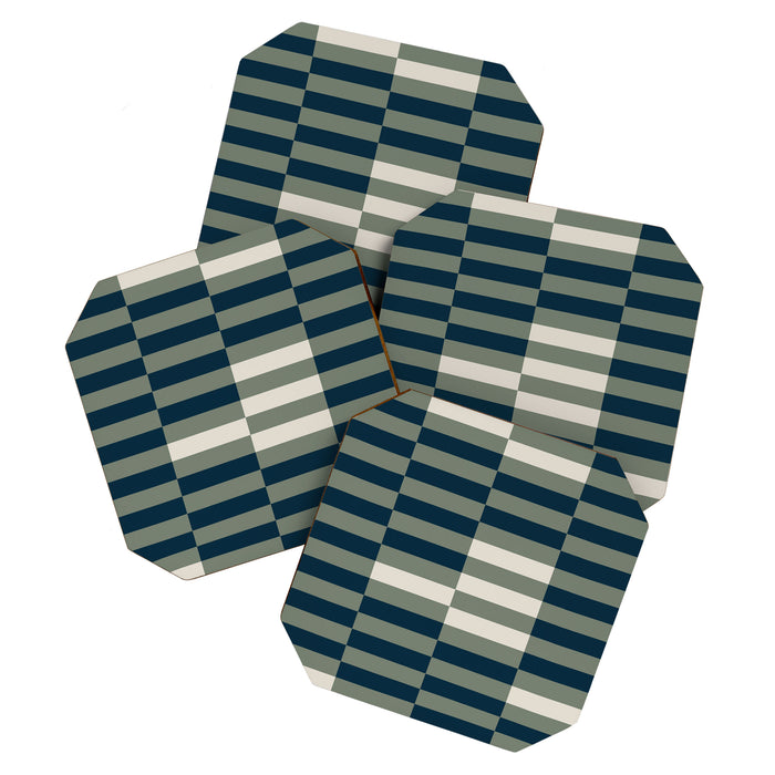 offset stripes Modern Geometric Abstract Shapes Green Black Cream Coaster Gallery Image 1