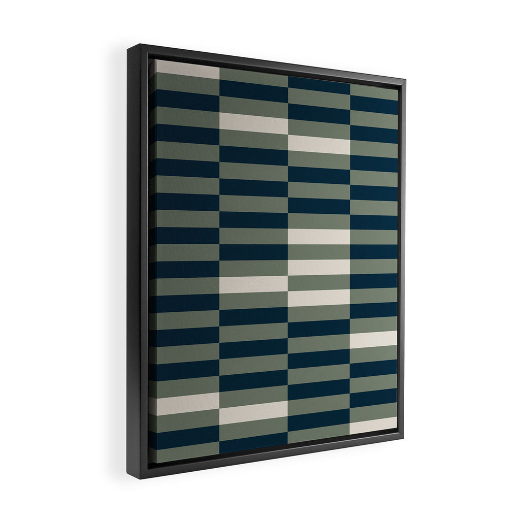 offset stripes Modern Geometric Abstract Shapes Green Black Cream Framed Canvas Print Gallery Image 2