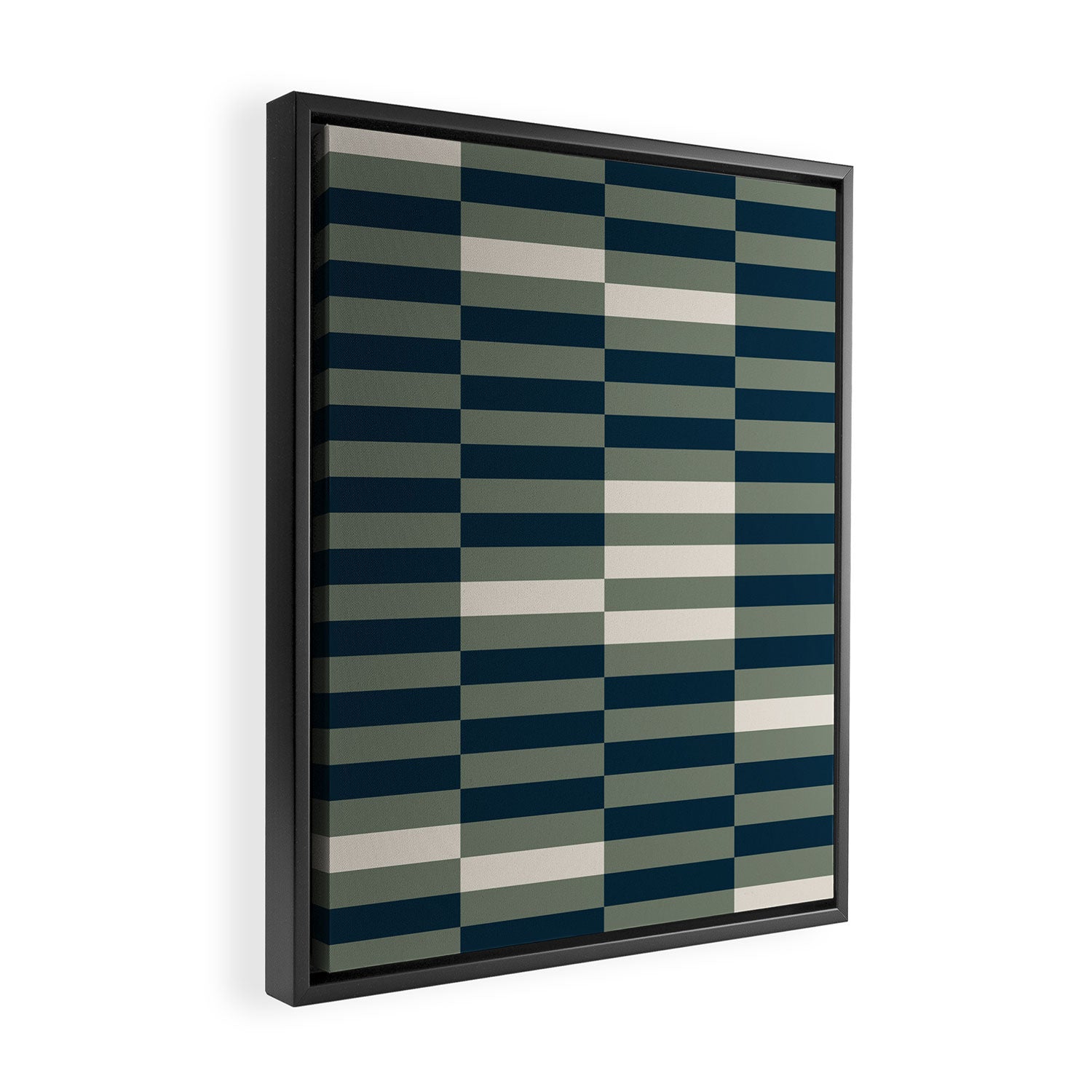 offset stripes Modern Geometric Abstract Shapes Green Black Cream Framed Canvas Print Gallery Image 2