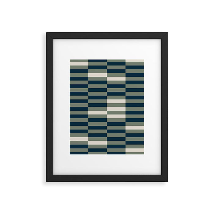 offset stripes Modern Geometric Abstract Shapes Green Black Cream Framed Art Print Gallery Image 1