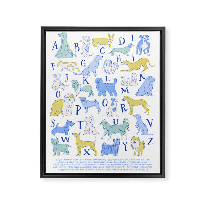 Dog Alphabet Print for Kids Room in Blue and Green Framed Canvas Print Gallery Image 1