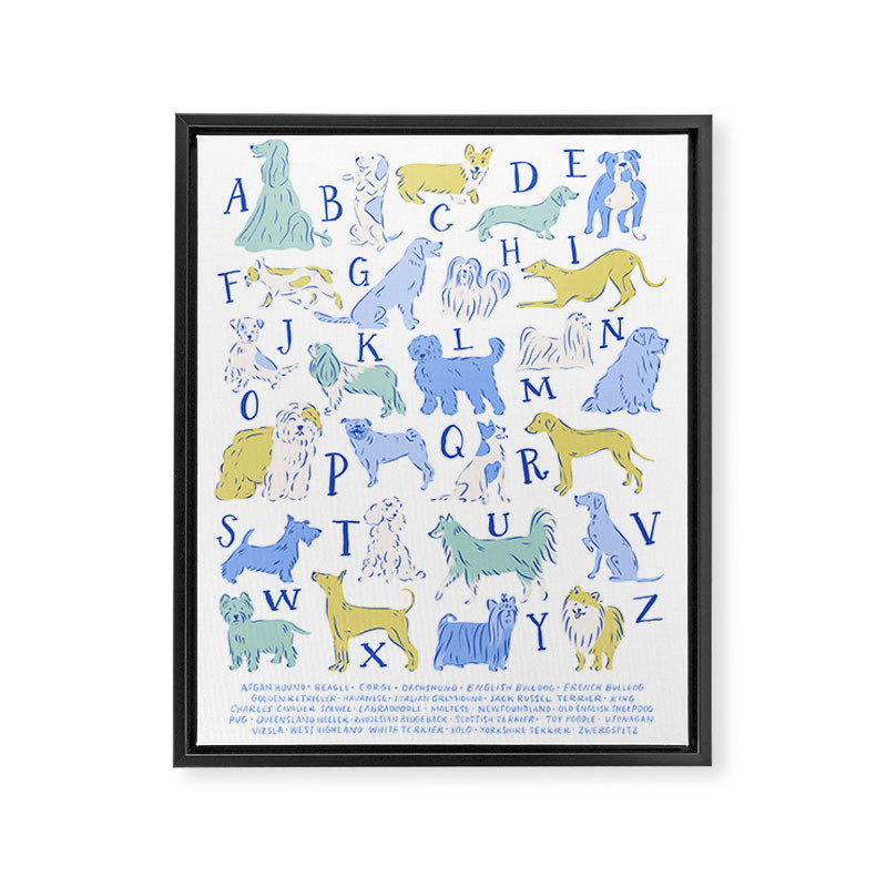 Dog Alphabet Print for Kids Room in Blue and Green Framed Canvas Print Gallery Image 6