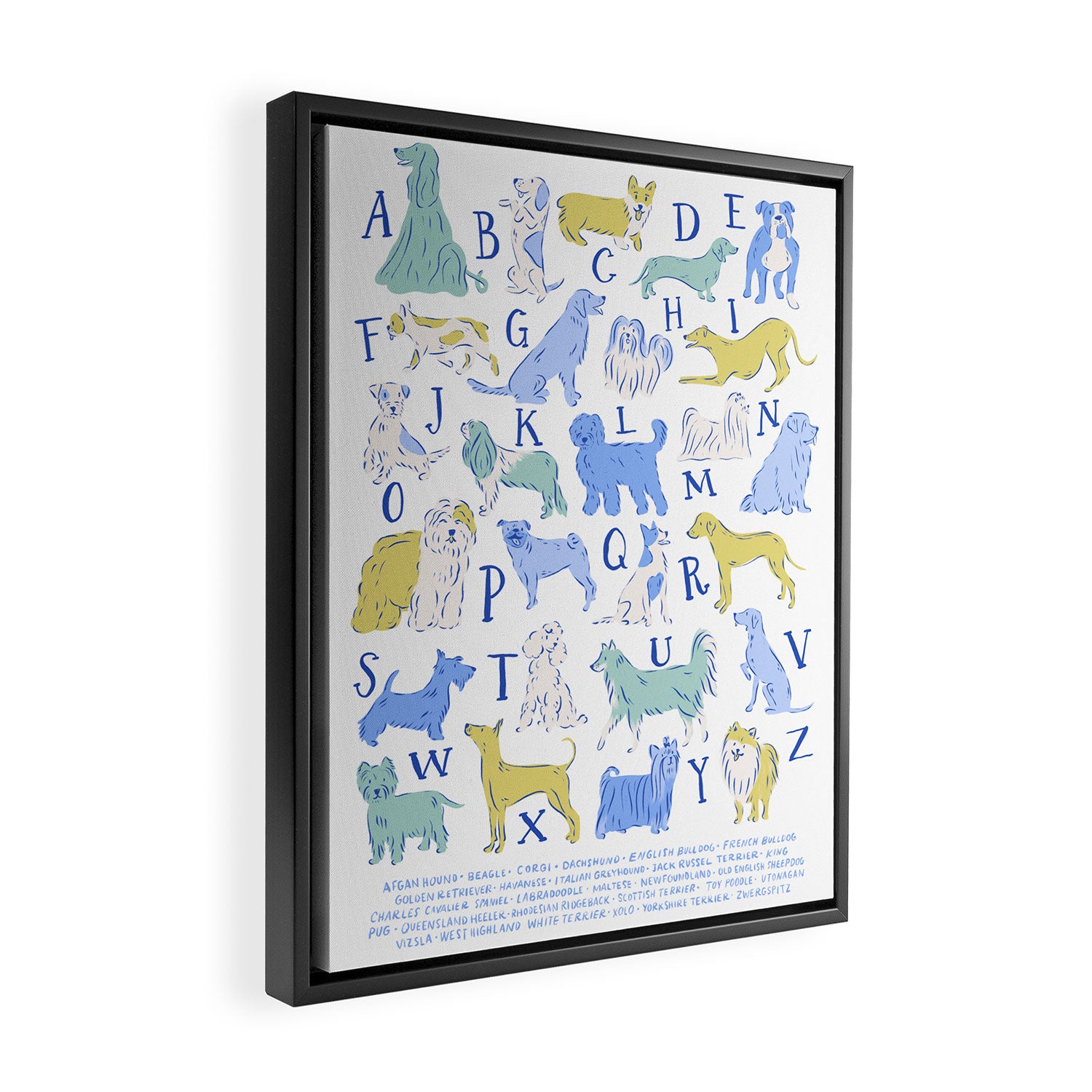 Dog Alphabet Print for Kids Room in Blue and Green Framed Canvas Print Gallery Image 2