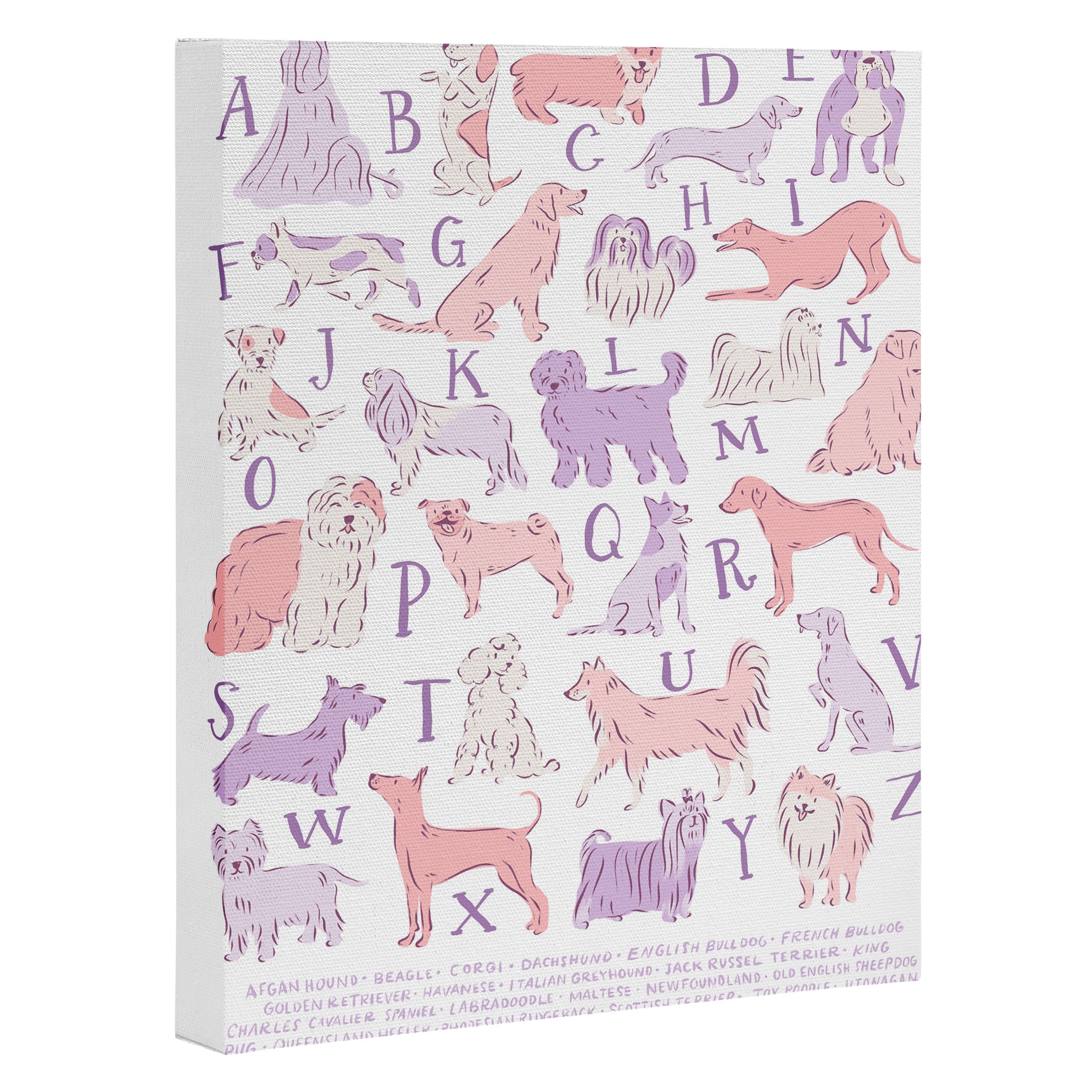 Dogs ABC Alphabet Print for Kids Room in Pink and Purple Canvas Print Gallery Image 3
