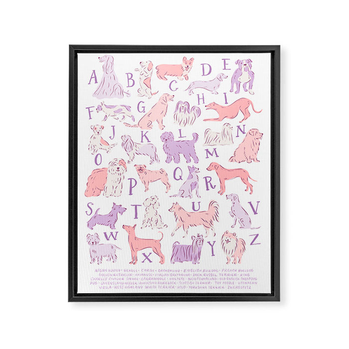 Dogs ABC Alphabet Print for Kids Room in Pink and Purple Framed Canvas Print Gallery Image 1
