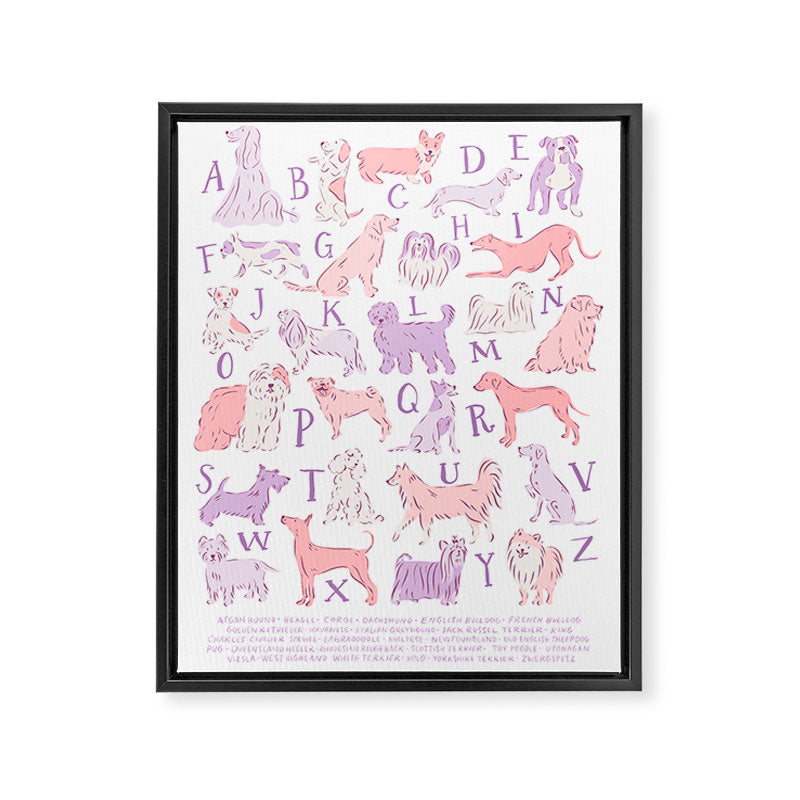 Dogs ABC Alphabet Print for Kids Room in Pink and Purple Framed Canvas Print Gallery Image 6