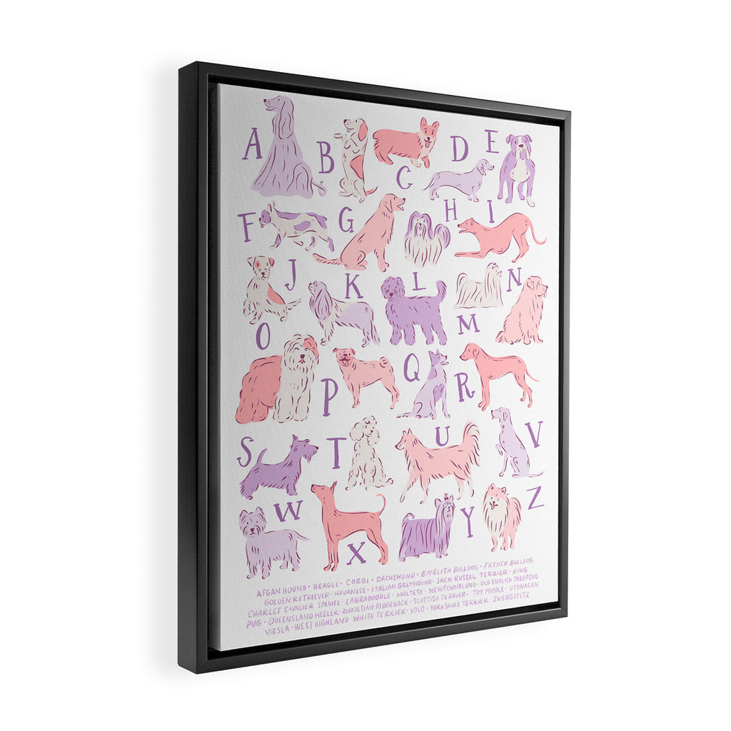 Dogs ABC Alphabet Print for Kids Room in Pink and Purple Framed Canvas Print Gallery Image 2