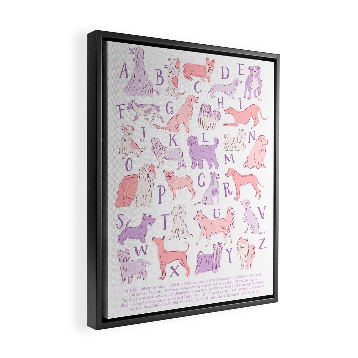 Dogs ABC Alphabet Print for Kids Room in Pink and Purple Framed Canvas Print Gallery Image 2