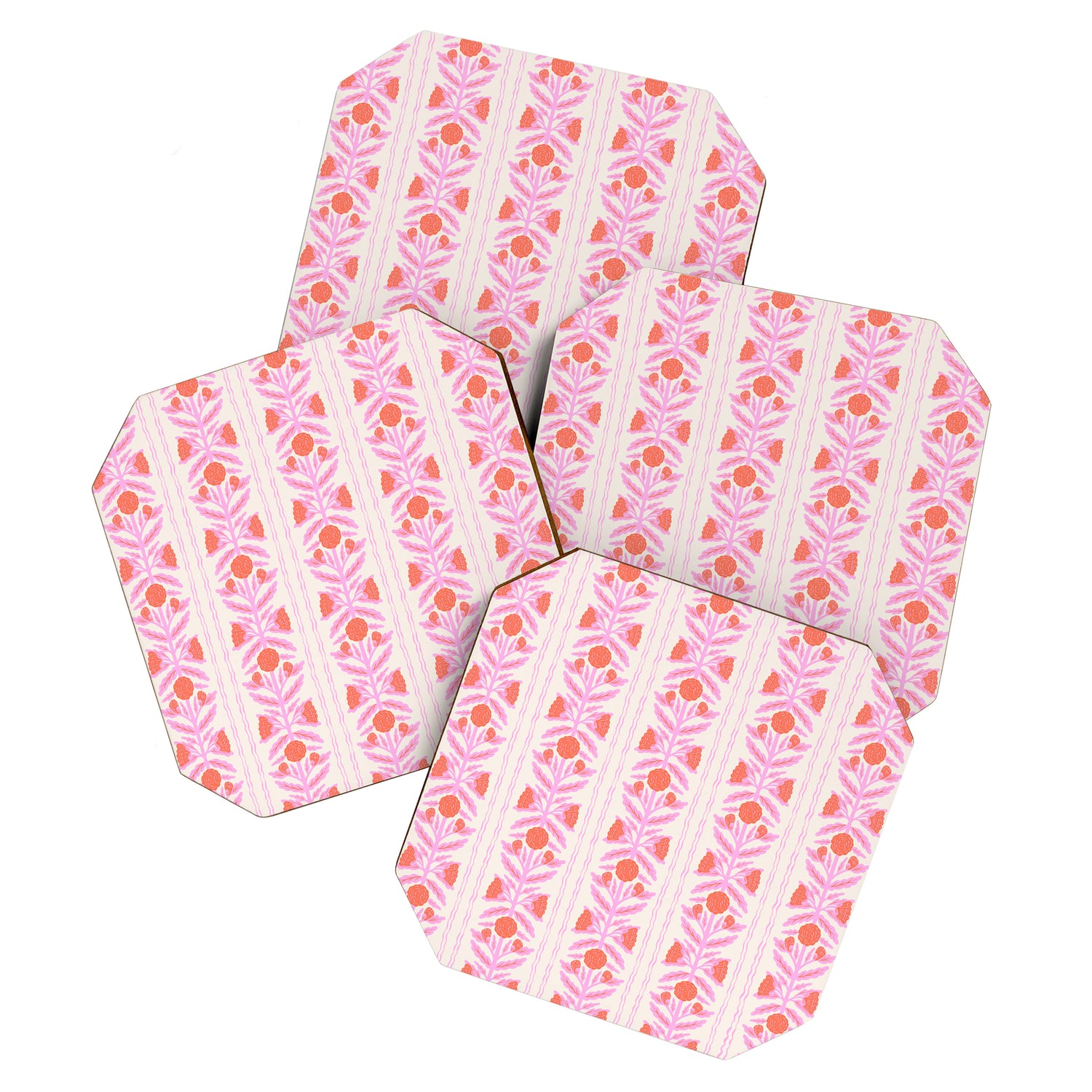 Pink and Red Flower Block Print Illustration Coaster Gallery Image 1