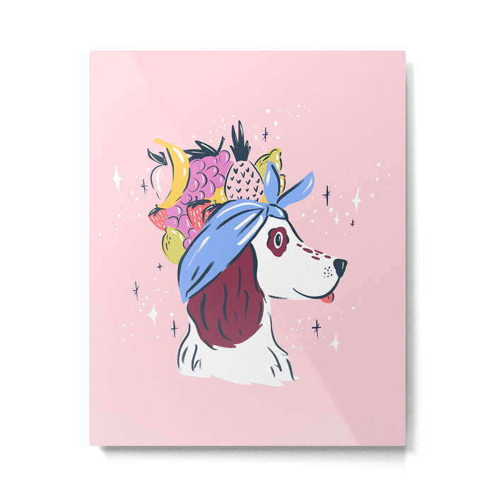 Spaniel with Fruit Hat Dog Illustration Metal Print Gallery Image 1