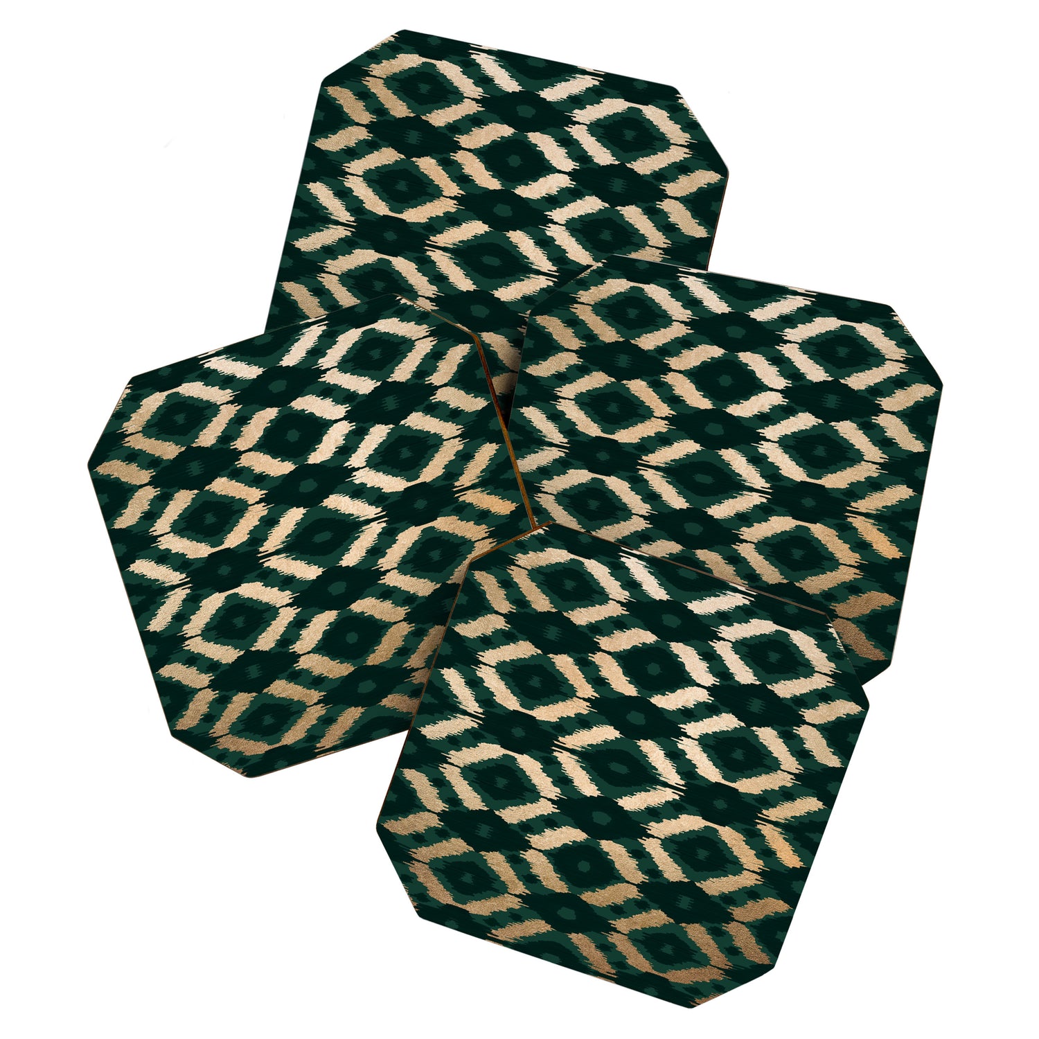 Bohemian Gold Forest Green Ikat Pattern Coaster Gallery Image 1