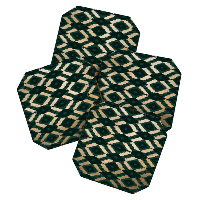 Bohemian Gold Forest Green Ikat Pattern Coaster Gallery Image 1