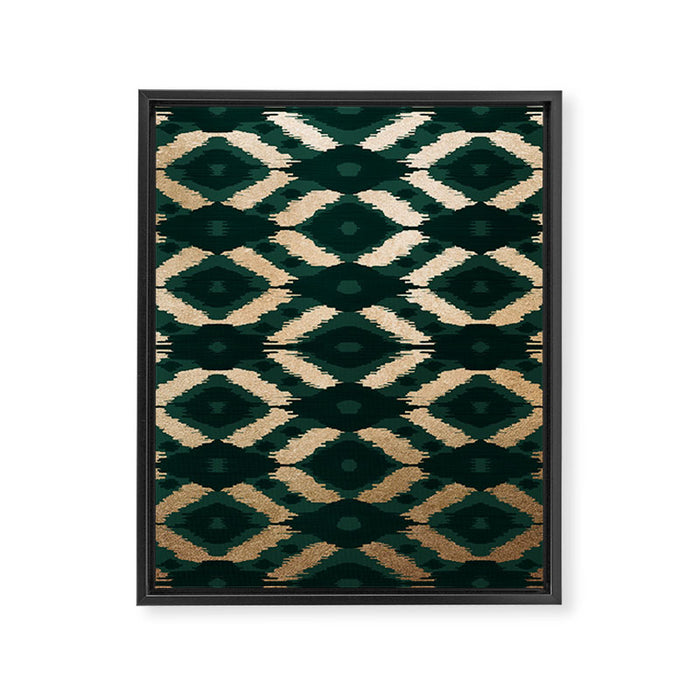 Bohemian Gold Forest Green Ikat Pattern Framed Canvas Print Gallery Image 1