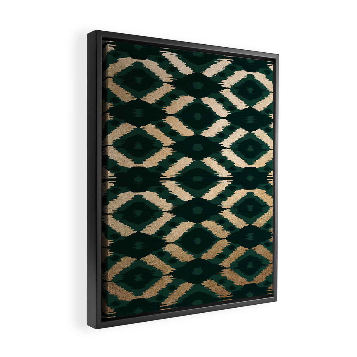 Bohemian Gold Forest Green Ikat Pattern Framed Canvas Print Gallery Image 2