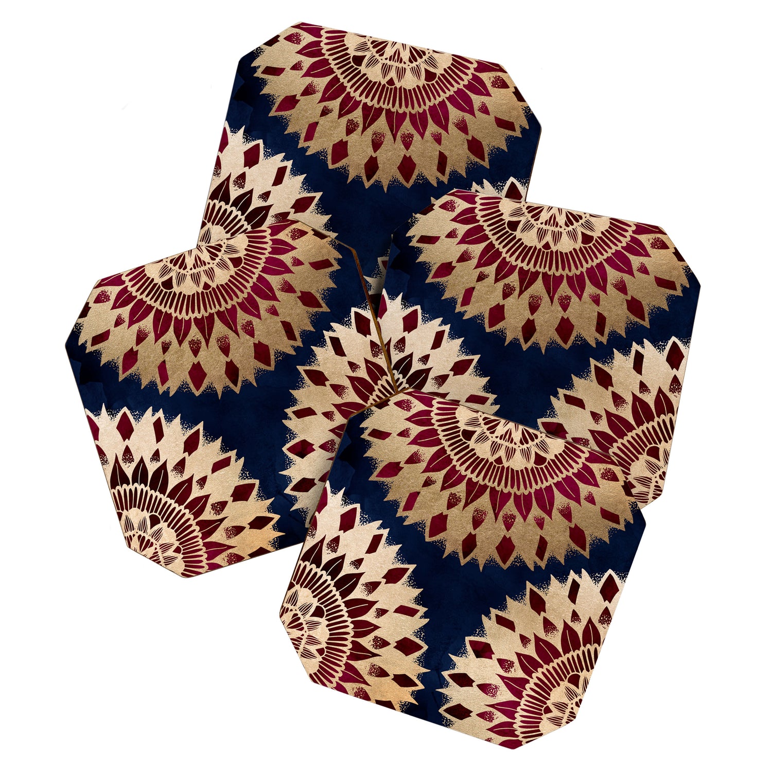 Bohemian Gold Navy Burgundy Hand Drawn Mandala Coaster Gallery Image 1