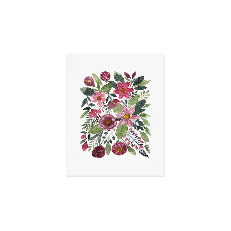 Mauve Pink Forest Green Watercolor Flowers Leaves Art Print Gallery Image 1