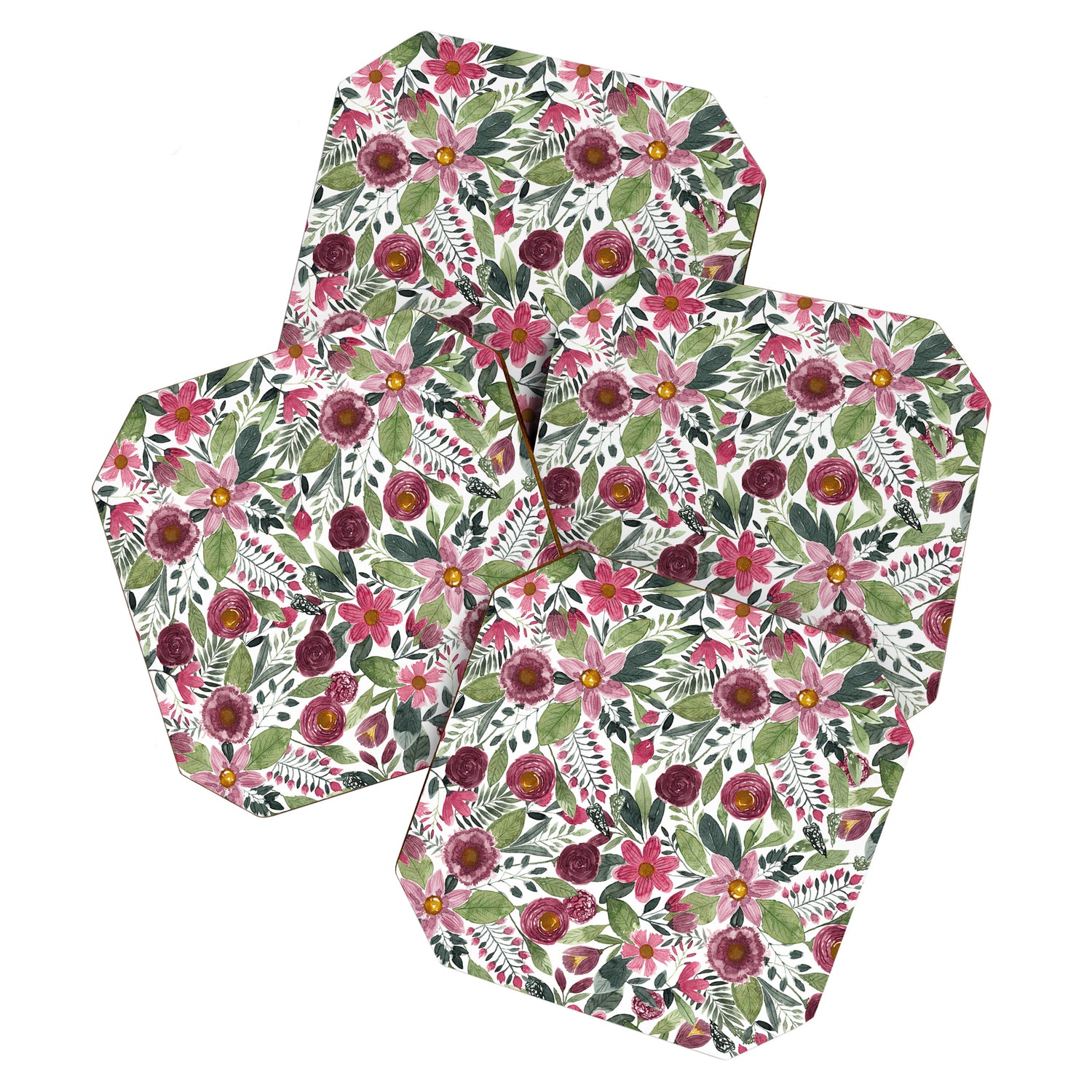 Mauve Pink Forest Green Watercolor Flowers Leaves Coaster Gallery Image 1