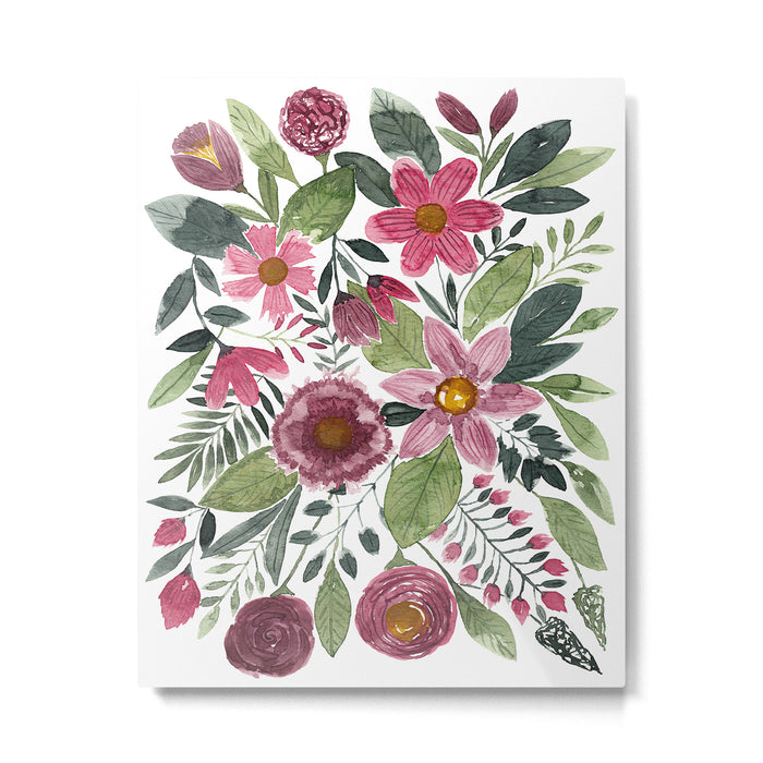 Mauve Pink Forest Green Watercolor Flowers Leaves Metal Print Gallery Image 1