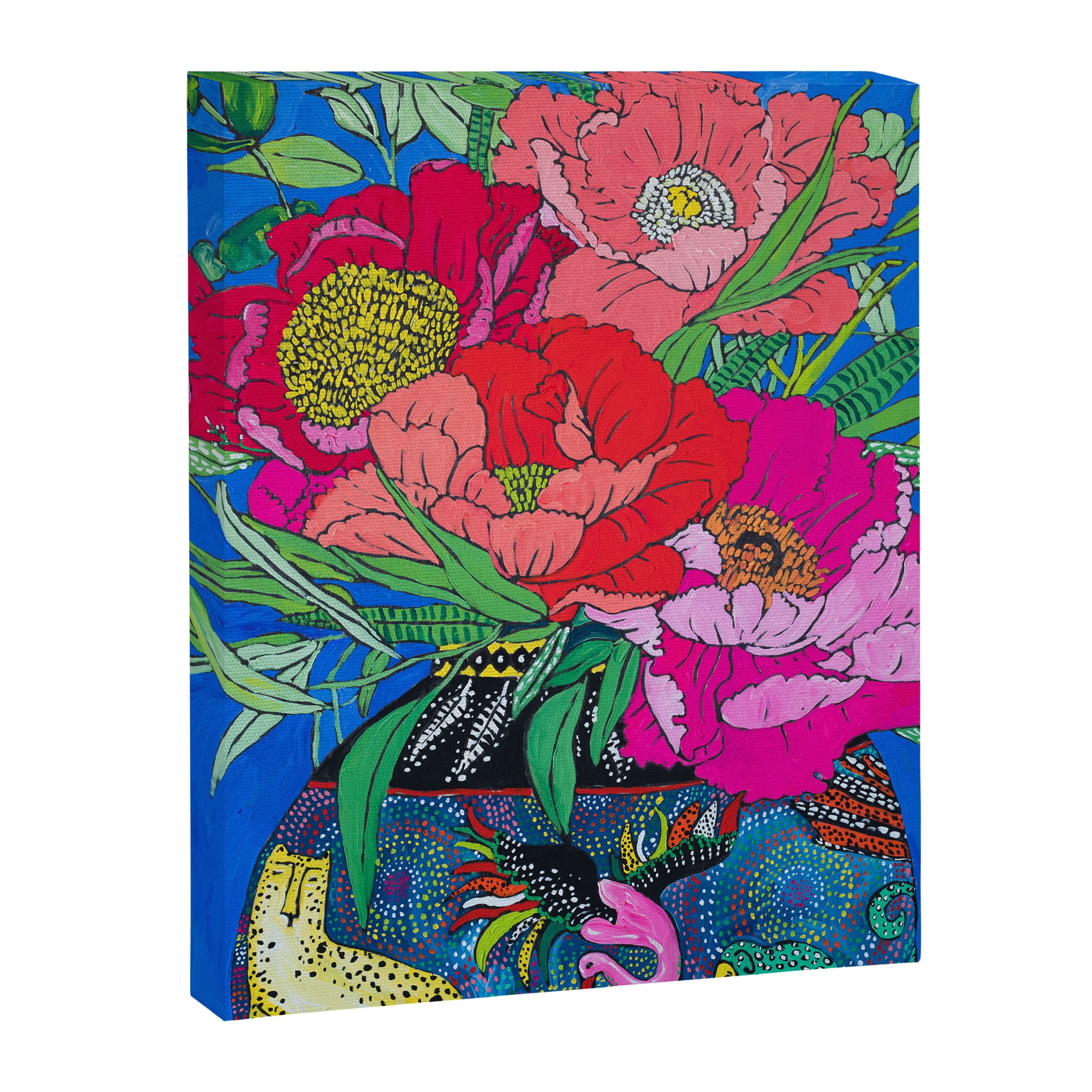 Bright Peony Bouquet in Tropical Rainbow Cheetah and Bird Maximalist Vase Painting Canvas Print Gallery Image 6