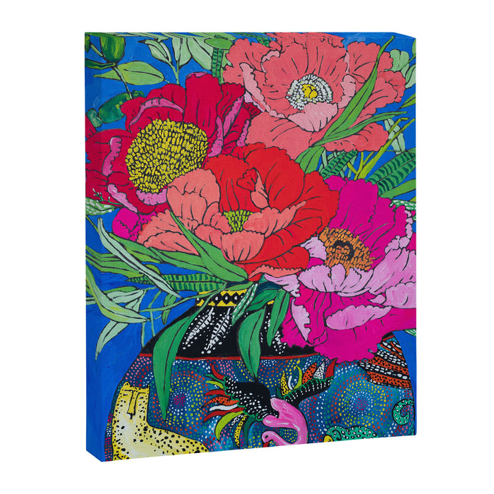 Bright Peony Bouquet in Tropical Rainbow Cheetah and Bird Maximalist Vase Painting Canvas Print Gallery Image 1